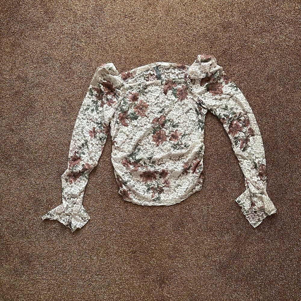 Anthropologie Top XL Sheer Lace Floral Ruffle Pullover Stretchy Long Sleeve